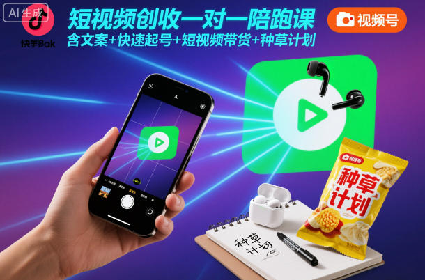 短视频创收一对一陪跑课，含文案+快速起号+短视频带货+种草计划-小艾网创