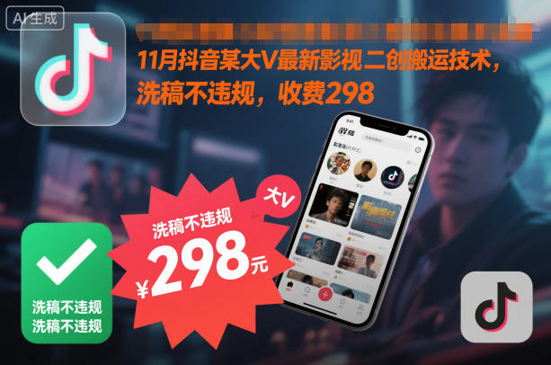 11月抖音某大V最新影视二创搬运技术,洗稿不违规,收费298-小艾网创