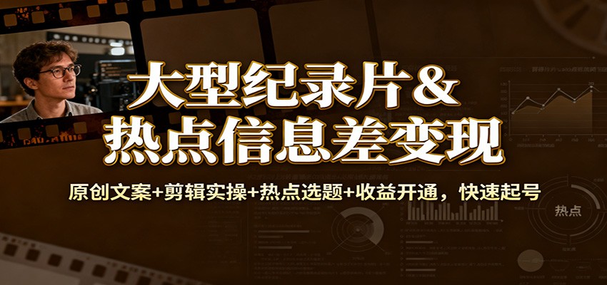大型纪录片&热点信息差变现：原创文案+剪辑实操+热点选题+收益开通，快速起号-小艾网创