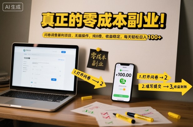 真正的零成本副业！问卷调查暴利项目，无脑操作，纯0撸，收益稳定，每天轻松日入100+【揭秘】-小艾网创