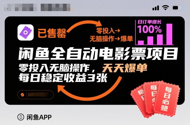 闲鱼全自动电影票项目，零投入无脑操作，天天爆单，每日稳定收益3张【揭秘】-小艾网创
