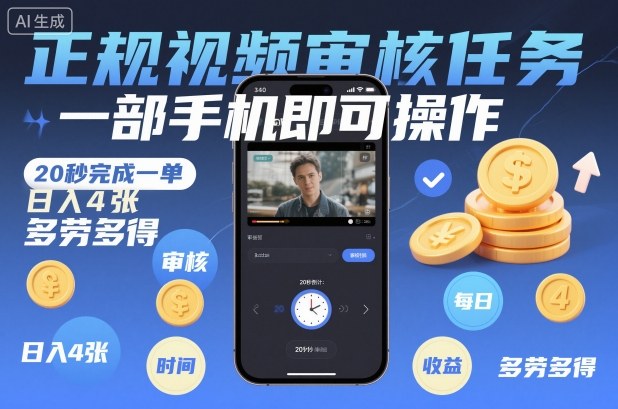 正规视频审核任务，一部手机即可操作，20秒完成一单，日入4张，多劳多得【揭秘】-小艾网创