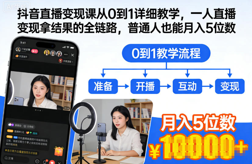 抖音直播变现课从0到1详细教学，一人直播变现拿结果的全链路，普通人也能月入5位数-小艾网创