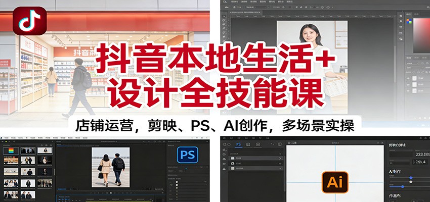 抖音本地生活+设计全技能课：店铺运营，剪映、PS、AI创作，多场景实操-小艾网创