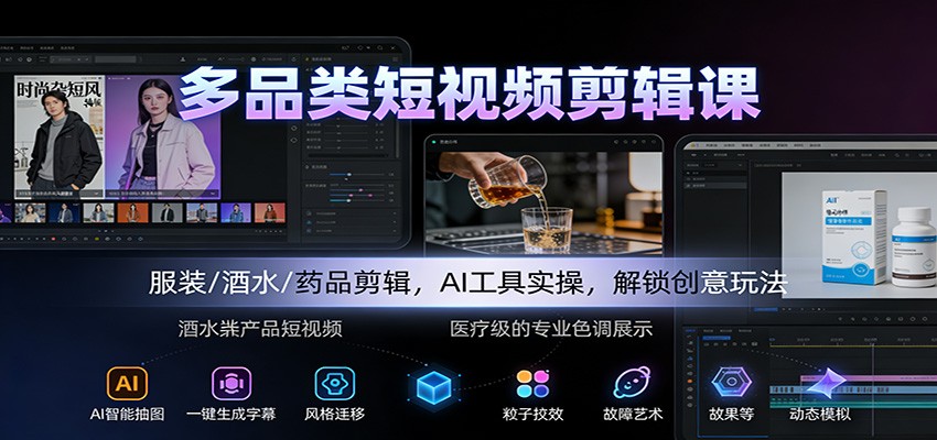 多品类短视频剪辑课：服装/酒水/药品剪辑，AI工具实操，解锁创意玩法-小艾网创
