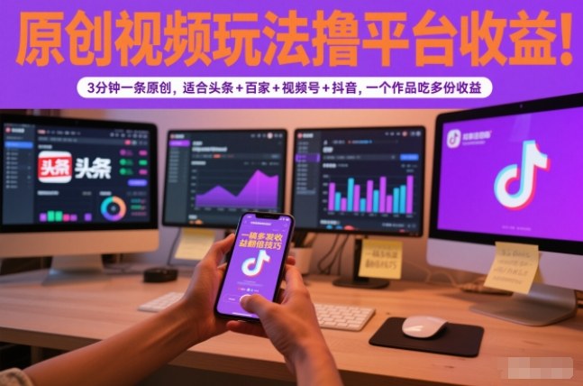 原创视频玩法撸平台收益，3分钟一条原创，适合头条+百家+视频号+抖音，一个作品吃多份收益-小艾网创