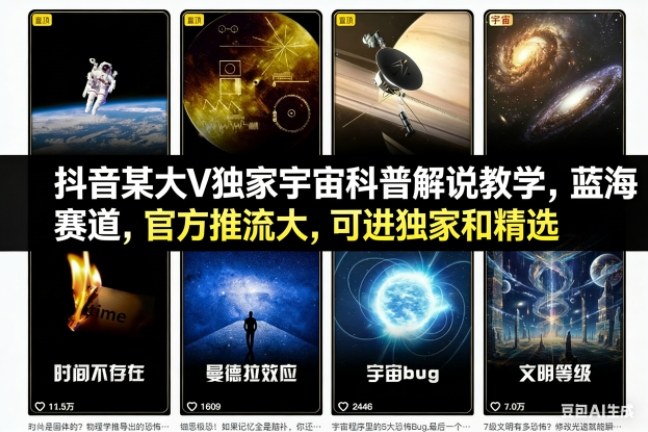 抖音某大V独家宇宙科普解说教学,蓝海赛道,官方推流大,可进独家和精选-小艾网创