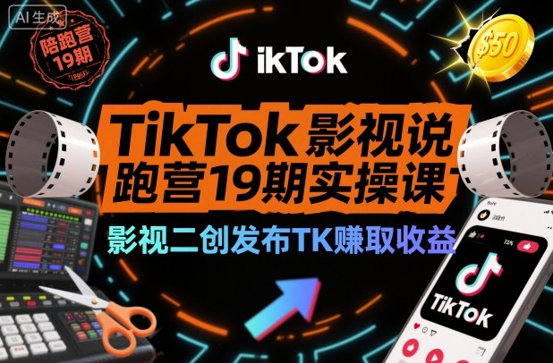 TikTok影视解说陪跑营19期实操课，影视二创发布TK賺取收益，万播收益50美金(更新)-小艾网创