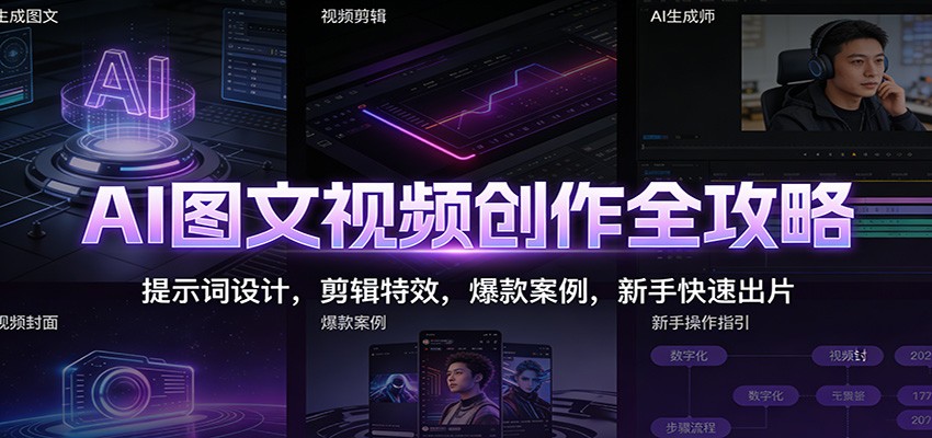 AI图文视频创作全攻略：提示词设计，剪辑特效，爆款案例，新手快速出片-小艾网创