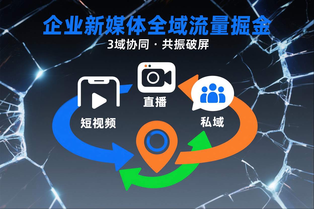 短视频全域商业模式，企业新媒体全域流量掘金，3域协同，共振破屏，短视频-直播-私域-地域-小艾网创