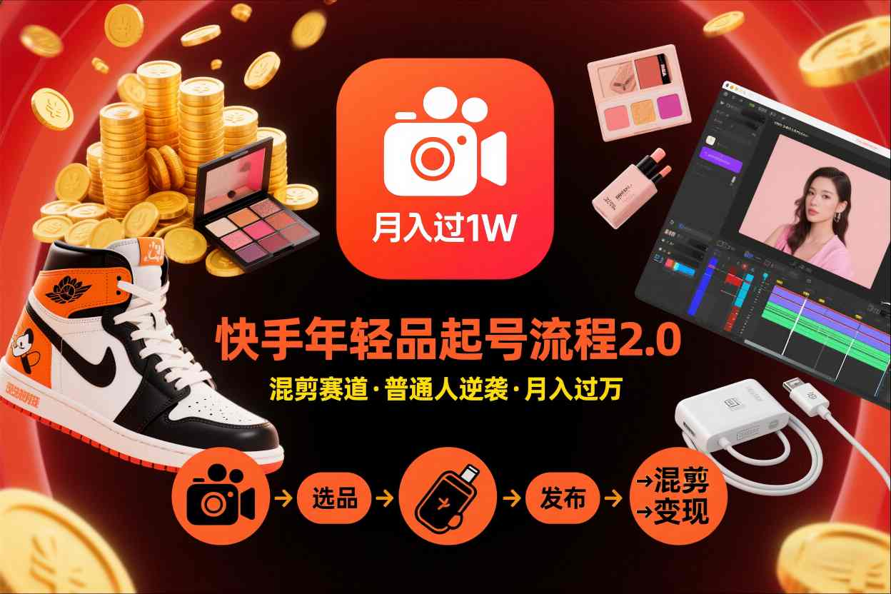 快手短视频带货年轻品起号流程2.0，快手年轻品混剪赛道，普通人也能月入过1W-小艾网创