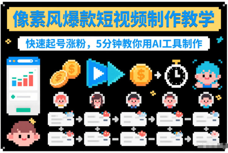 像素风爆款短视频制作教学，快速起号涨粉，5分钟教你用AI工具制作-小艾网创