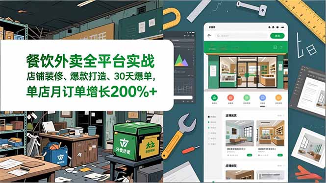 餐饮外卖全平台实战，店铺装修、爆款打造、30天爆单，手把手教学，单店月订单增长200%+-小艾网创