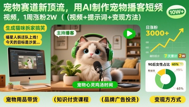 宠物赛道新顶流，用AI制作宠物播客短视频，1周涨粉2W(视频+提示词+变现方法)-小艾网创