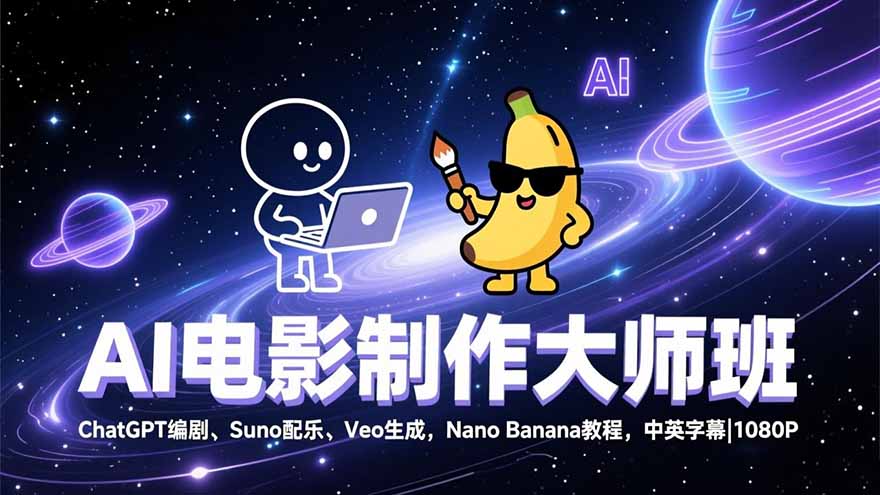 AI电影制作大师班：ChatGPT编剧、Suno配乐、Veo生成，Nano Banana教程，中英字幕|1080P-小艾网创