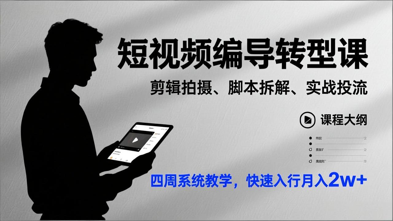 短视频编导转型课，剪辑拍摄、脚本拆解、实战投流，四周系统教学，快速入行月入2w+-小艾网创