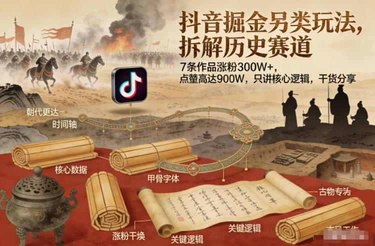 抖音掘金另类玩法，拆解历史赛道，7条作品涨粉300W+，点赞量高达900W，只讲核心逻辑，干货分享-小艾网创