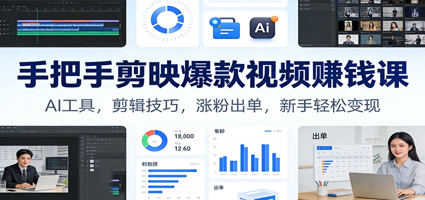 手把手剪映爆款视频赚钱课：AI工具，剪辑技巧，涨粉出单，新手轻松变现-小艾网创