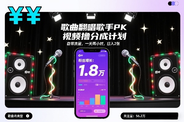歌曲翻唱歌手PK视频撸分成计划，自带流量，一天两小时，日入2张-小艾网创