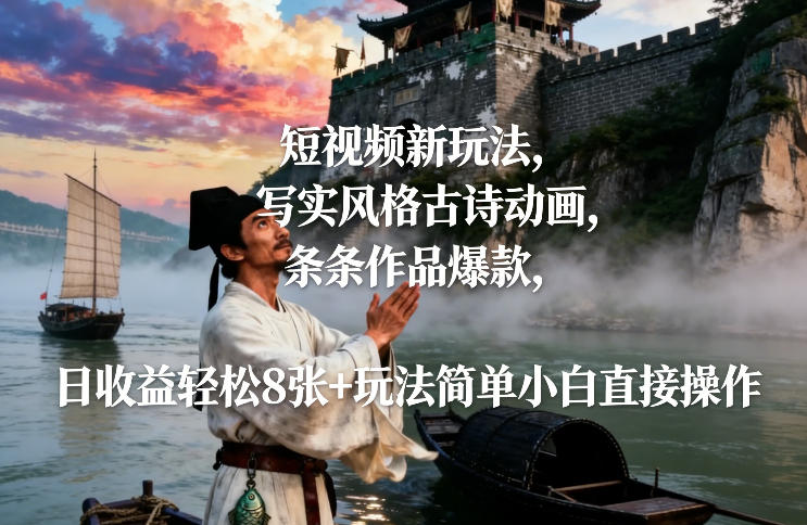 短视频新玩法，写实风格古诗动画，条条作品爆款，日收益轻松8张+玩法简单小白直接操作-小艾网创