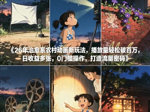 26年治愈系农村动画新玩法，播放量轻松破百万，日收益多张，0门槛操作，打造流量密码-小艾网创