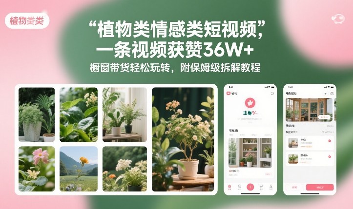 植物类情感类短视频，一条视频获赞36W+，橱窗带货轻松玩转，附保姆级拆解教程-小艾网创