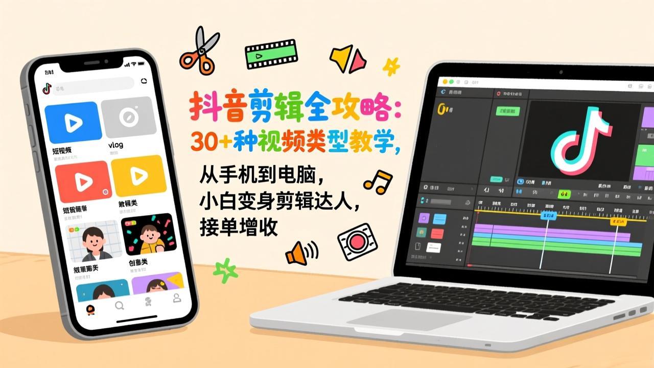 抖音剪辑全攻略:30+种视频类型教学,从手机到电脑,小白变身剪辑达人,接单增收-小艾网创