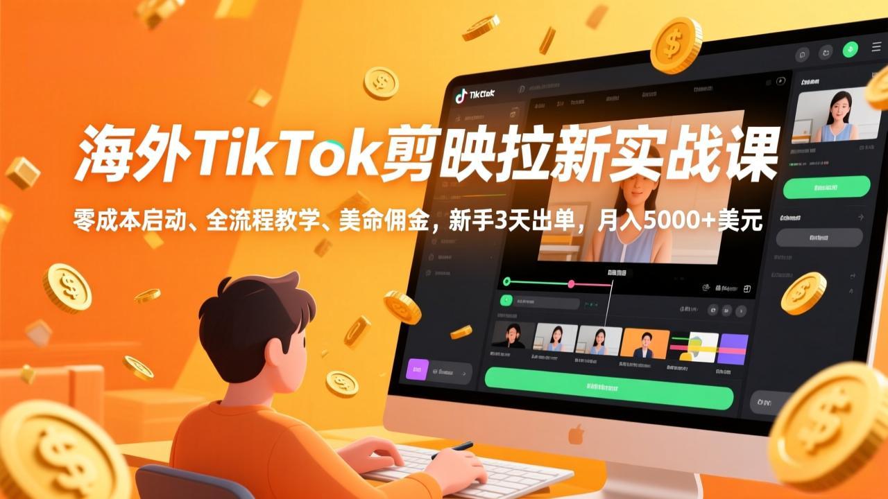 海外TikTok剪映拉新实战课，零成本启动、全流程教学、美金佣金，新手3天出单，月入5000+美元-小艾网创