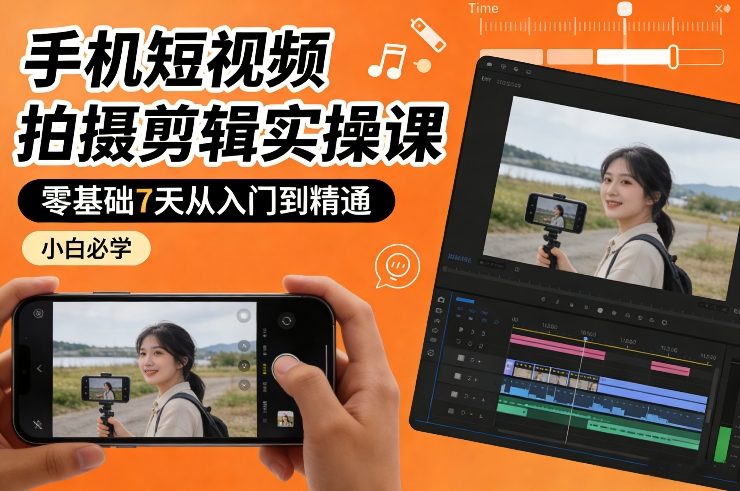 手机短视频拍摄剪辑实操课，零基础7天从入门到精通，小白必学-小艾网创