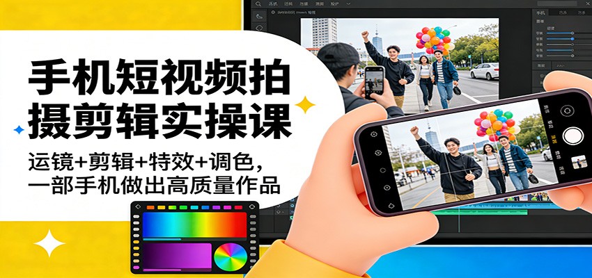 手机短视频拍摄剪辑实操课：运镜+剪辑+特效+调色，一部手机做出高质量作品-小艾网创