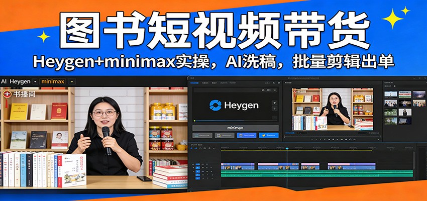 图书短视频带货：Heygen+minimax实操，AI洗稿 ，批量剪辑出单-小艾网创