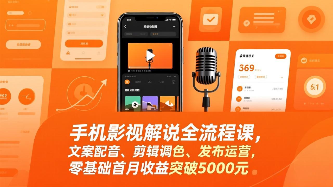 手机影视解说全流程课，文案配音、剪辑调色、发布运营，零基础首月收益突破5000元-游客之家
