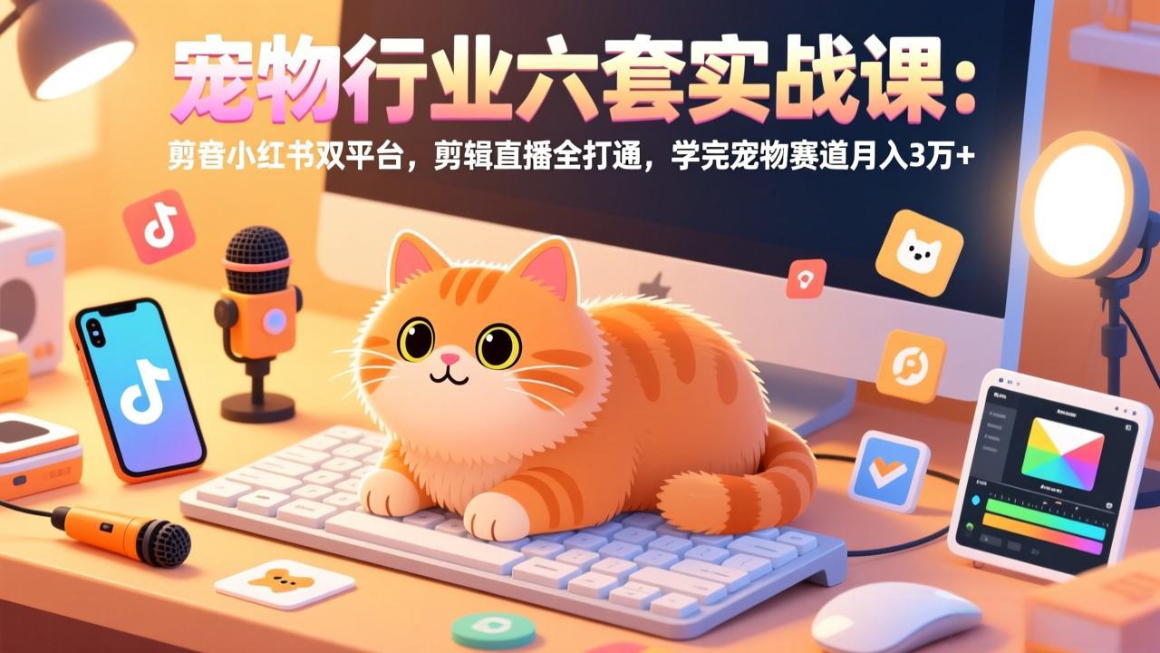 宠物行业六套实战课:抖音小红书双平台,剪辑直播全打通,学完宠物赛道月入3万+-小艾网创
