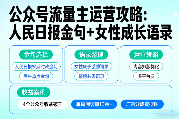 利用人民日报金句+女性成长语录做公众号流量主，4个公众号收益破千-小艾网创