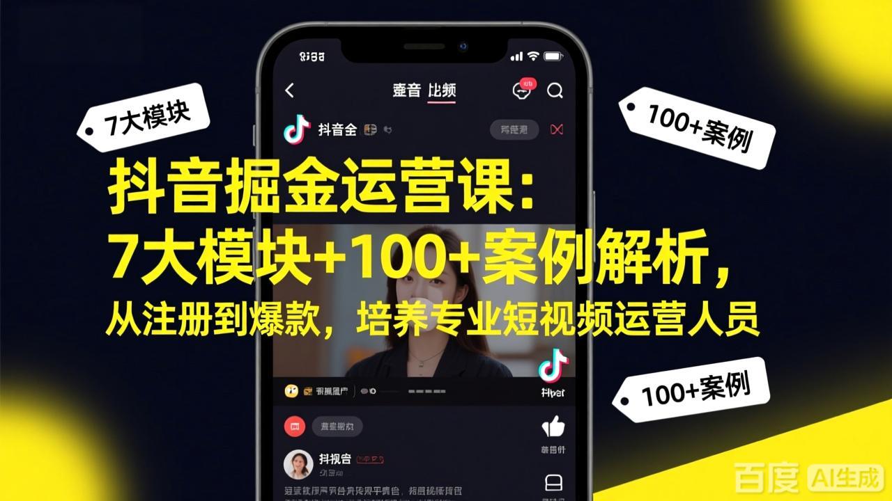 抖音掘金运营课：7大模块+100+案例解析，从注册到爆款，培养专业短视频运营人员-小艾网创
