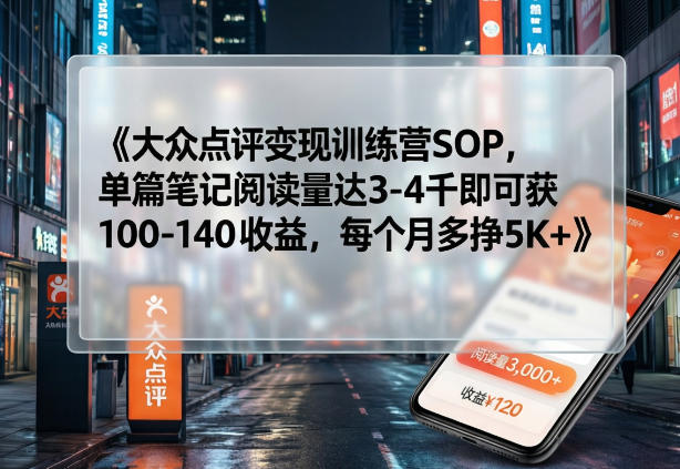 大众点评变现训练营SOP，单篇笔记阅读量达3-4千即可获100-140收益，每个月多挣5K+-小艾网创