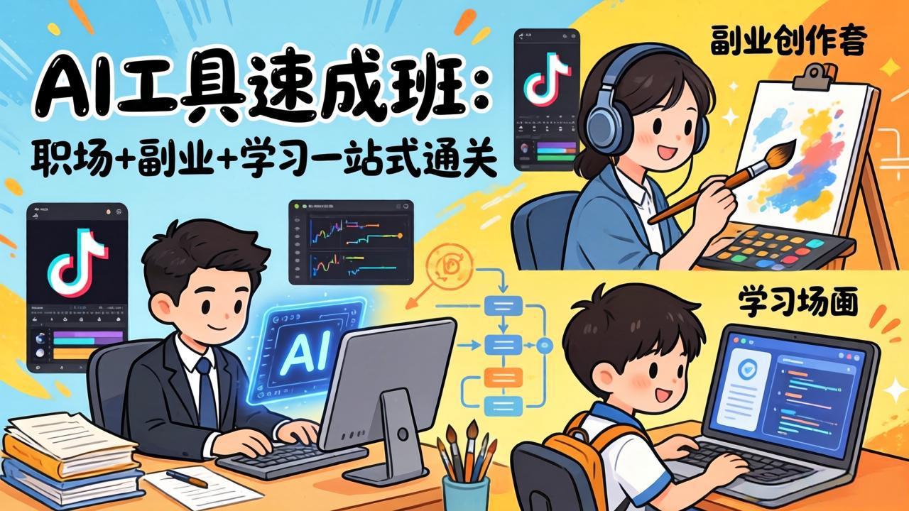 AI工具速成班：职场+副业+学习一站式通关，20+爆款类型+剪映技巧+抖音算法，0基础快速上手-小艾网创