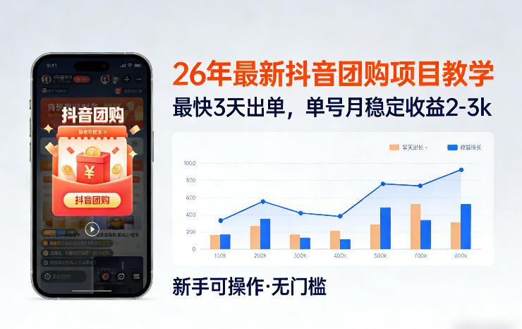 26年最新抖音团购项目教学，0门槛，最快3天出单，单号月稳定收益2-3k(更新3月19日)-小艾网创