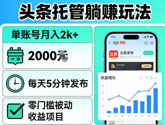 头条托管躺賺玩法，单账号月入2k+，每天5分钟发布即可，零门槛被动收益项目【揭秘】-小艾项目网