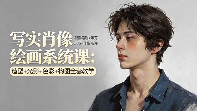 写实肖像绘画系统课：造型+光影+色彩+构图全套教学，配套笔刷+示范+作业点评-小艾项目网