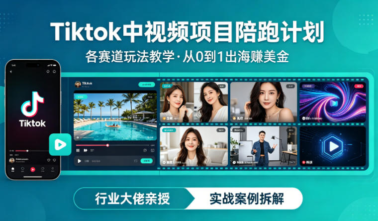 某大佬的Tiktok中视频项目陪跑，涵盖TK各个赛道玩法教学，从0到1出海賺美金-小艾项目网
