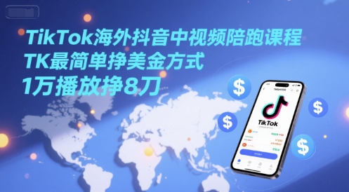 TikTok海外抖音中视频陪跑课程，TK最简单挣美金方式，1万播放挣8刀-小艾网创