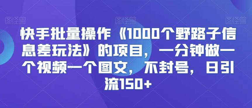 快手批量操作《1000个野路子信息差玩法》的项目，一分钟做一个视频一个图文，不封号，日引流150+【揭秘】-小艾网创