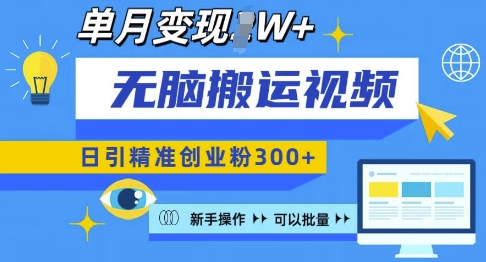 无脑搬运视频号可批量复制，新手即可操作，日引精准创业粉300+，月变现过W 【揭秘】-小艾网创