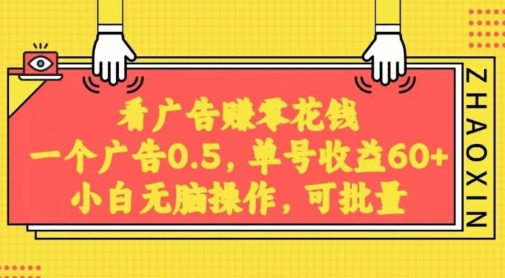 无脑看广告获取收益，一条广告0.5，日稳定60-100+，可批量放大，超级稳定-小艾网创