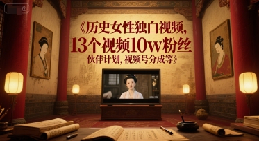 历史女性独白视频，13个视频10w粉丝，伙伴计划，视频号分成等-小艾网创