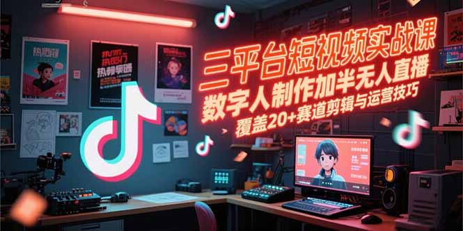 三平台短视频实战课，数字人制作加半无人直播，覆盖20+赛道剪辑与运营技巧-小艾网创