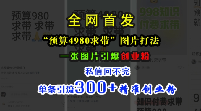 小红书“预算4980带我飞”图片打法，一张图片引爆创业粉，私信回不完，单条引流300+精准创业粉-小艾网创