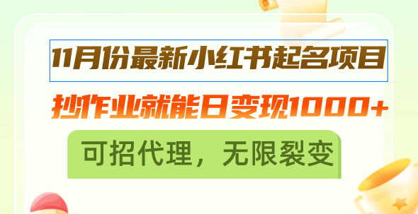 11月份最新小红书起名项目，抄作业就能日变现1000+，可招代理，无限裂变-小艾网创