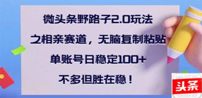 微头条野路子2.0玩法之相亲赛道，无脑搬砖复制粘贴，单账号日稳定300+…-小艾网创